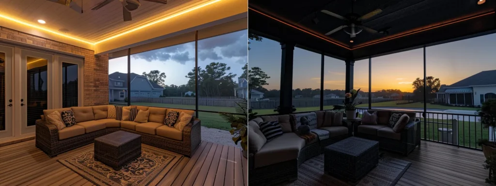 a modern gulf shores deck adorned with smart lighting, outdoor sound systems, and heating elements, creating a sophisticated and inviting outdoor living space.