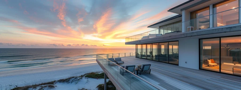 a modern multi-level deck overlooking the vast gulf shores ocean, with sleek glass railings and cozy nooks for relaxing, seamlessly blending indoor and outdoor spaces for a perfect beachfront experience.