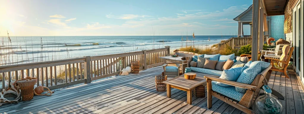 a beachfront deck adorned with weather-resistant nautical furniture, driftwood accents, marine-colored fabrics, seashells, and local art, creating a coastal paradise on gulf shores.