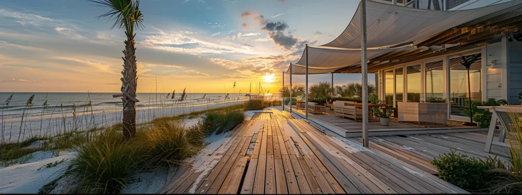 a modern beachfront deck in gulf shores adorned with stylish pergolas, retractable awnings, sail shades, and lush vertical gardens.