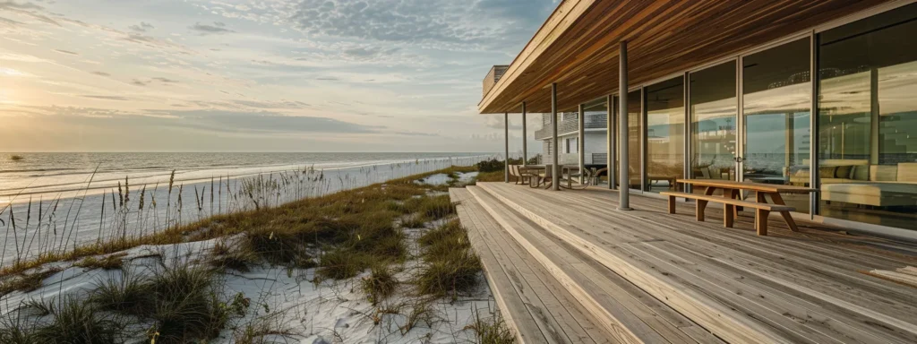 a sleek, modern deck made from sustainable wood overlooks the pristine sands of gulf shores, embodying eco-friendly living by the sea.