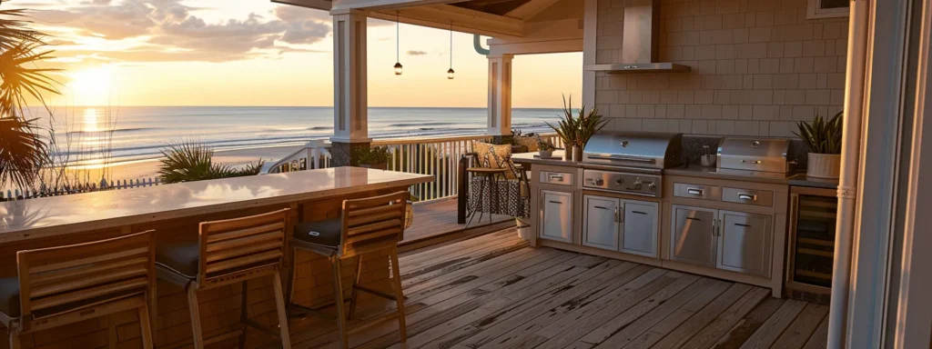 an outdoor kitchen on a gulf shores deck, featuring a built-in grill and beverage station with a backdrop of stunning gulf views, perfect for seaside dining and entertaining.